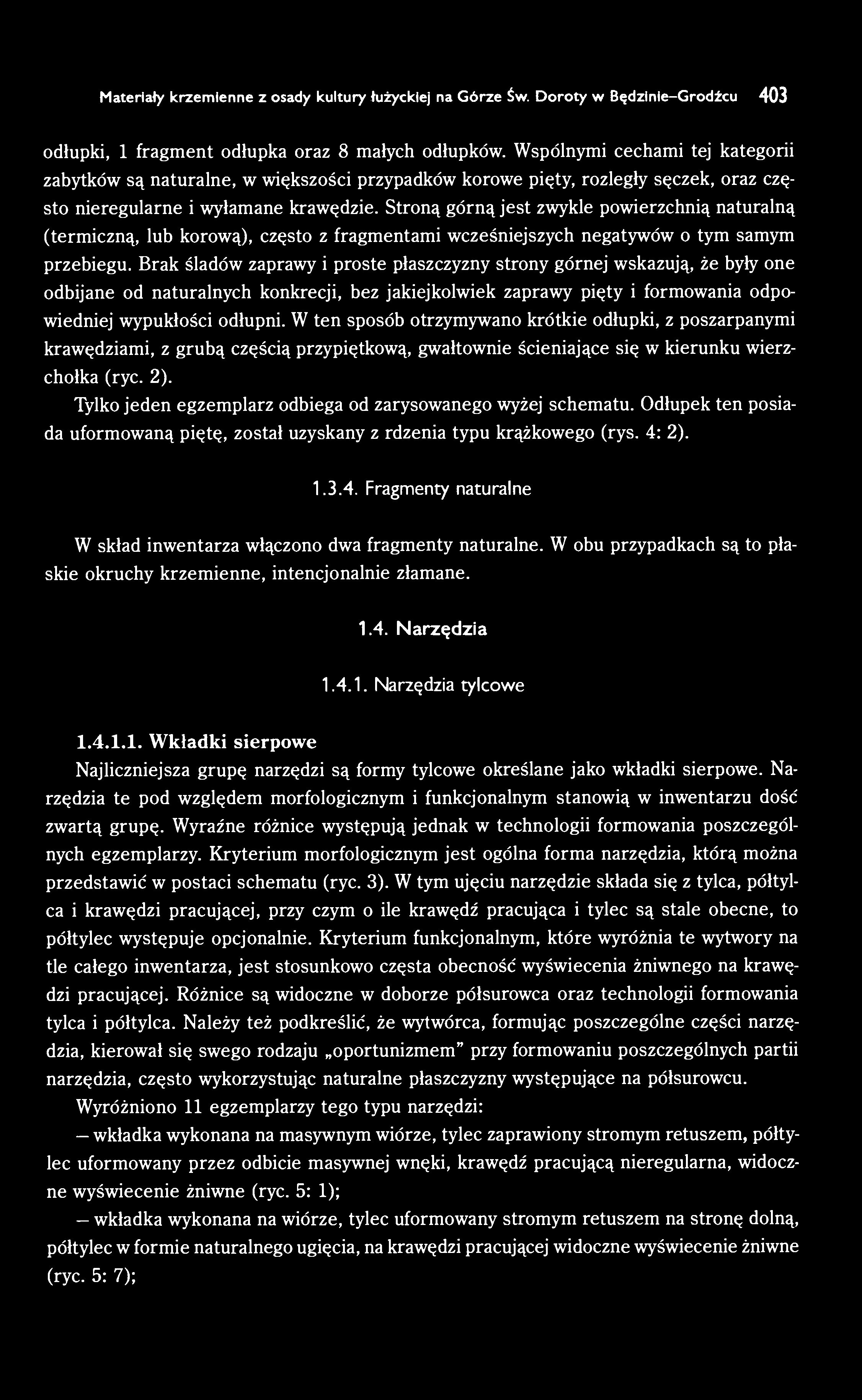 Materiały krzemienne z osady kultury łużyckiej na Górze Św. Doroty w Będzinie-Grodźcu 403 odłupki, 1 fragment odłupka oraz 8 małych odłupków.