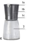 Zawartość opakowania i opis produktu Młynek do przypraw (x3) składa się z następujących elementów: 1. Nakładka mieląca 1a pokrywa 1.b Mechanizm mielący 1 c. Śruba 2..Pojemnik na przyprawy (poj. Ok.