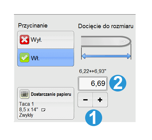 Moduł przycinarki SquareFold 1. Wybieraj przyciski, aby zmniejszyć lub zwiększyć wartość ustawienia przycinania. Regulacji dokonuje się z dokładnością do 0,1 mm / 0,0039 cala. 2.