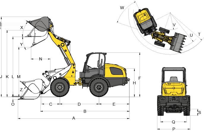 Wymiary ogumienie standardowe 405/70 R 18 EM ET0 A długość całkowita 5.489 mm B długość całkowita bez łyżki 4.649 mm C sworznia obrotu łyżki do środka osi 1.025 mm D rozstaw osi 2.