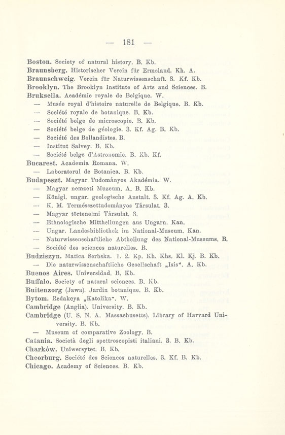 181 Boston. Society of natural history. B. Kb. Braunsberg. Historischer Yorein fiir Ermeland. Kh. A. Braunschweig. Yerein fiir Naturwissenschaft. 3. Kf. Kb. Brooklyn.