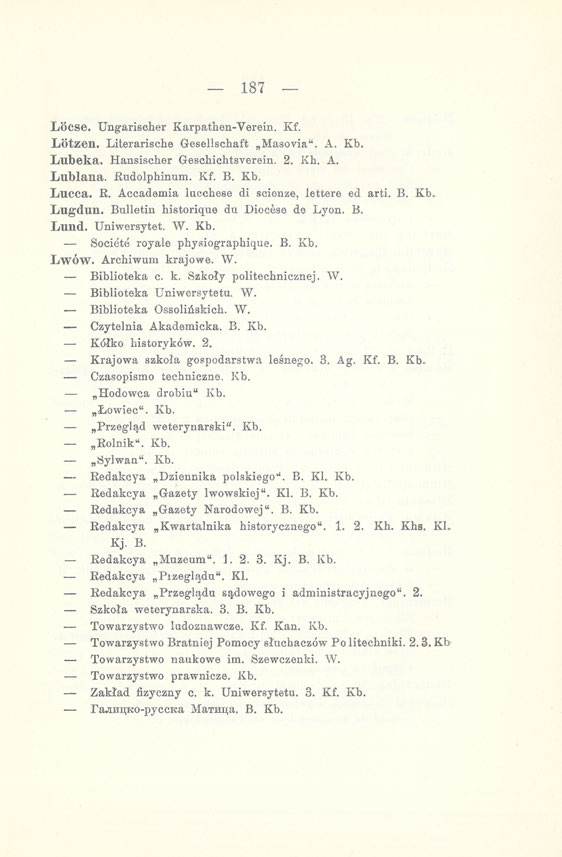 187 Locse. Ungarischer Karpathen-Verein. Kf. Lotzen. Literarische Gesellschaft Masovia". A. Kb. Lubeka. Hansischer Geschichtsverein. 2. Kh. A. Lubiana. Rudolphinum. Kf. B. Kb. Lucca. E.