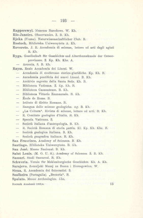 193 Rapperswyl. Muzeum Narodowe. W. Kb. Rio-Janeiro. Observatoire. 3. B. Kb. Rjeka (Fiume). Naturwissenschaftlicher Club. B. Rostock. Biblioteka Uniwersytetu A. Kb. Royereto. J. R. Accademia di scienze, lettere ed arti degli agiati B.