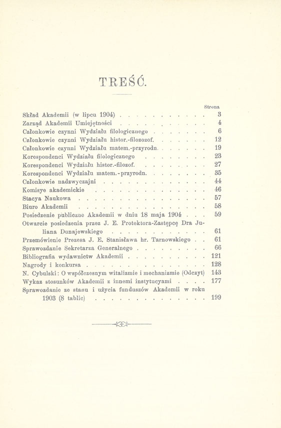 TREŚĆ. Strona Skład Akademii (w lipcu 1904) 3 Zarząd Akademii Umiejętności 4 Członkowie czynni Wydziału filologicznego 6 Członkowie czynni Wydziału histor.