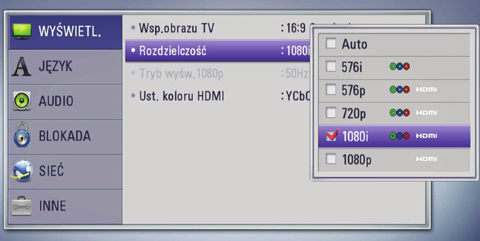 Instalacja 17 Ustawienie rozdzielczości Odtwarzacz umożliwia kilka rozdzielczości wyjściowych dla gniazd HDMI OUT i COMPONENT VIDEO OUT. Możesz zmienić rozdzielczość za pomocą menu [Konfig.]. 1. Naciśnij HOME ( ).