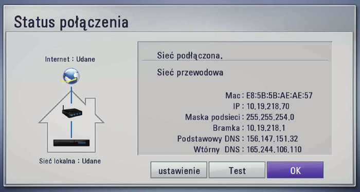 Instalacja 21 Konfiguracja połączenia przwodowego Jeżeli w lokalnej przewodowej sieci (LAN) występuje serwer DHCP, do odtwarzacza zostanie automatycznie przypisany adres IP.