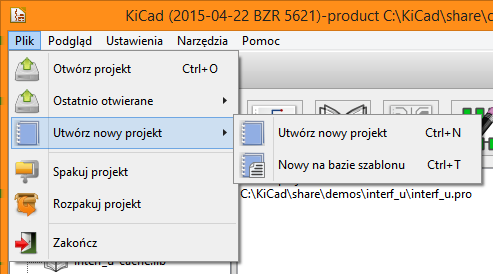 KiCad 15 / 17 4.2.5 Operacje podstawowe Menu Plik menadżera projektu pokazuje dwie opcje: Utwórz nowy Projekt Tworzy pusty projekt poprzez skopiowanie pliku template/kicad.pro do bieżącego folderu.
