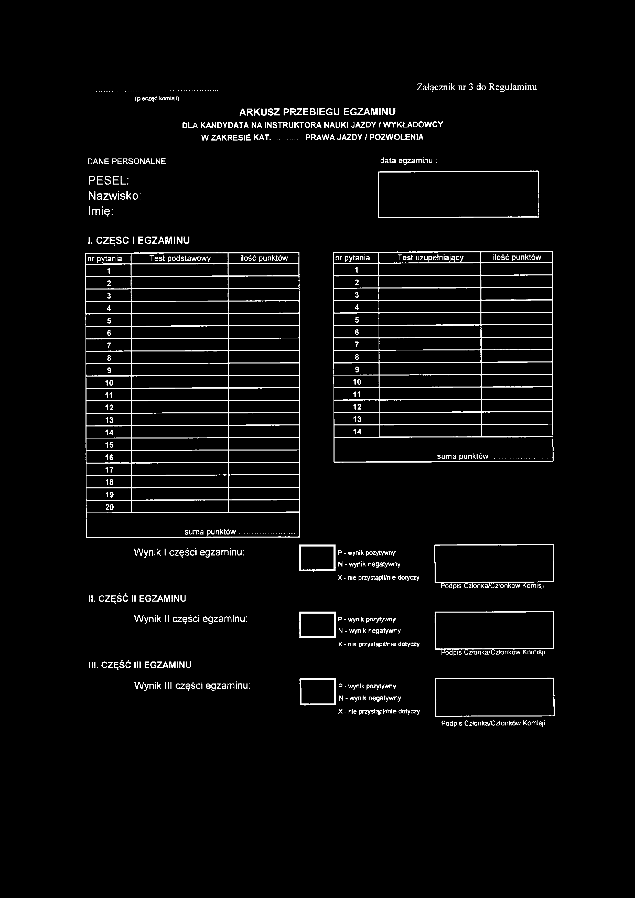 Załącznik nr 3 do Regulaminu (pieczęć komisji) ARKUSZ PRZEBIEGU EGZAMINU DLA KANDYDATA NA INSTRUKTORA NAUKI JAZDY / WYKŁADOWCY W ZAKRESIE KAT.