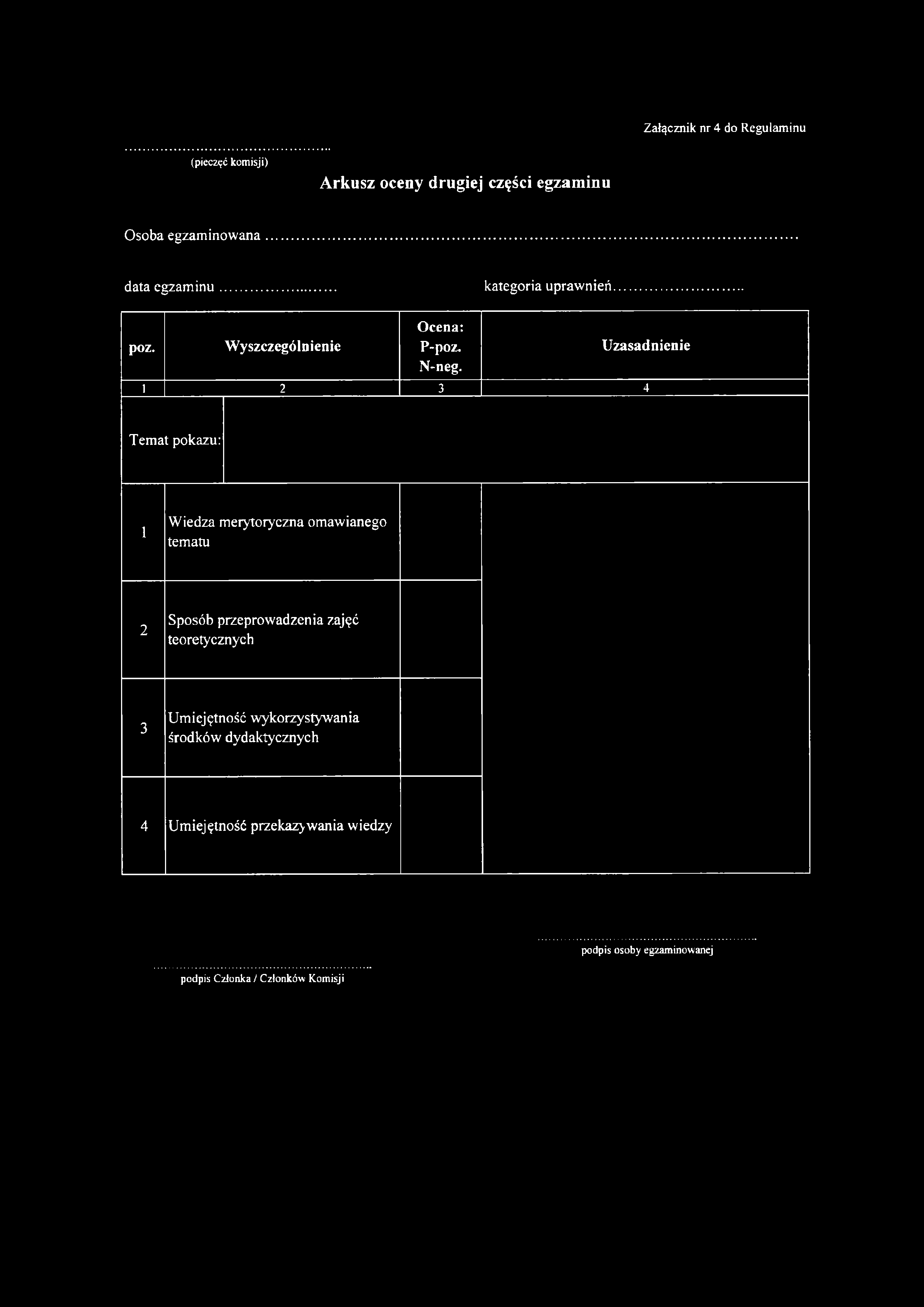 Załącznik nr 4 do Regulaminu (pieczęć komisji) Arkusz oceny drugiej części egzaminu Osoba egzam in ow an a... data eg za m in u... kategoria uprawnień poz. Wyszczególnienie Ocena: P-poz. N-neg.
