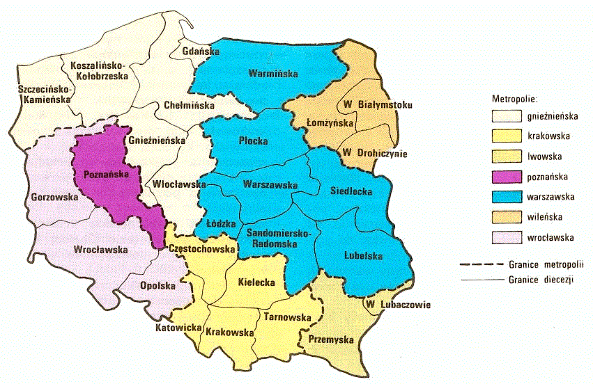 156 KS. ROBERT MASALSKI Mapa 2. Diecezje i metropolie Kościoła rzymskokatolickiego w Polsce po cyrkumskrypcji w 1972 r.