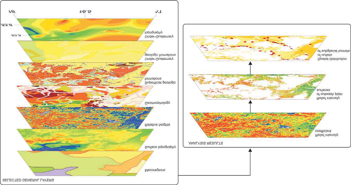 Joanna Szafraniec Fig. 3. Selected thematic layers used to develop and analyze the digital relief intensity map of Pomerania (fragment of the central part of the region in the vicinity of Szczecinek).