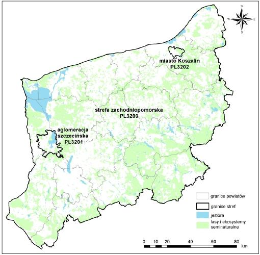 Rysunek 9. Strefy dla celów oceny jakości powietrza w województwie zachodniopomorskim w 2013 roku 108.