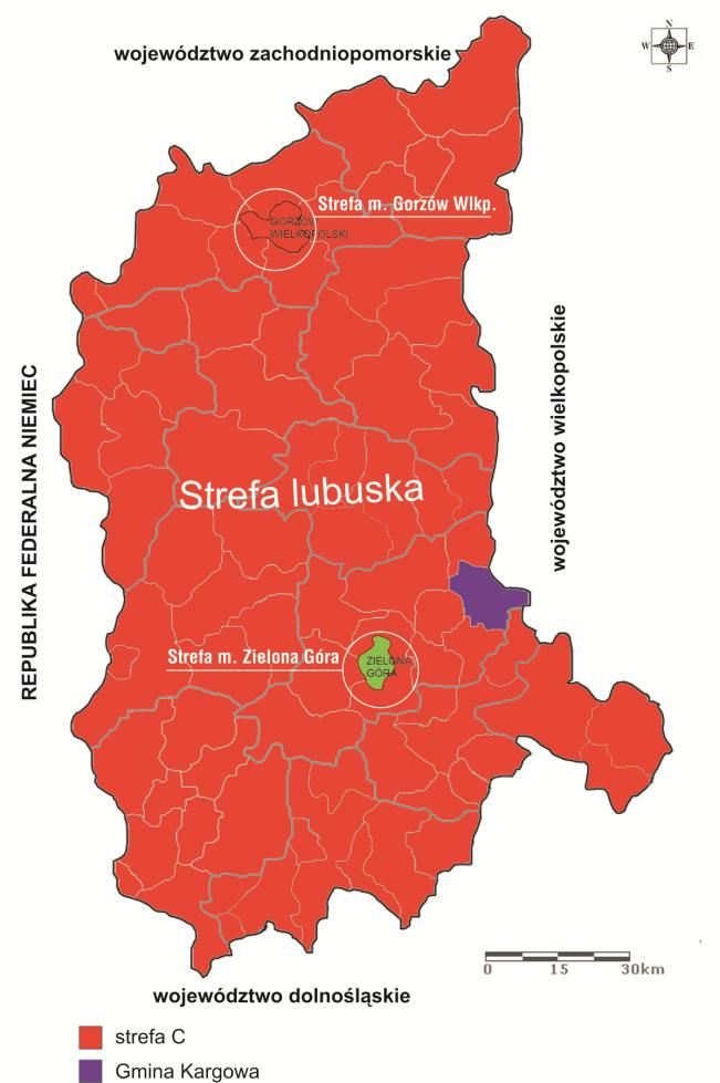 Tab. 32. Klasyfikacja stref jakości powietrza w województwie lubuskim dla pyłu zawieszonego PM10 w 2014 r.