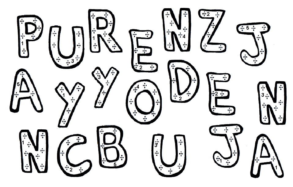 6 KOLOROWE LITERKI Każda literka ma ukrytą cyfrę: 1, 2, 3, 4 lub 5.