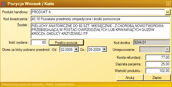 Wybór produktu handlowego właściwego dla zrealizowanego świadczenia dokonujemy poprzez wybranie pozycji ze słownika, który otwieramy klikając przycisk [H] przy polu Produkt handlowy.