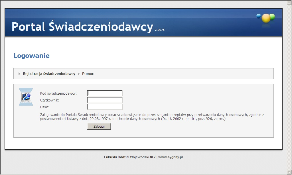 5 Portale Oddziałowe Po nawiązaniu połączenia z serwerem, na którym znajduje się serwis, pojawi się zamieszczona powyżej strona www, umożliwiająca wejście do systemu, po podaniu przydzielonego