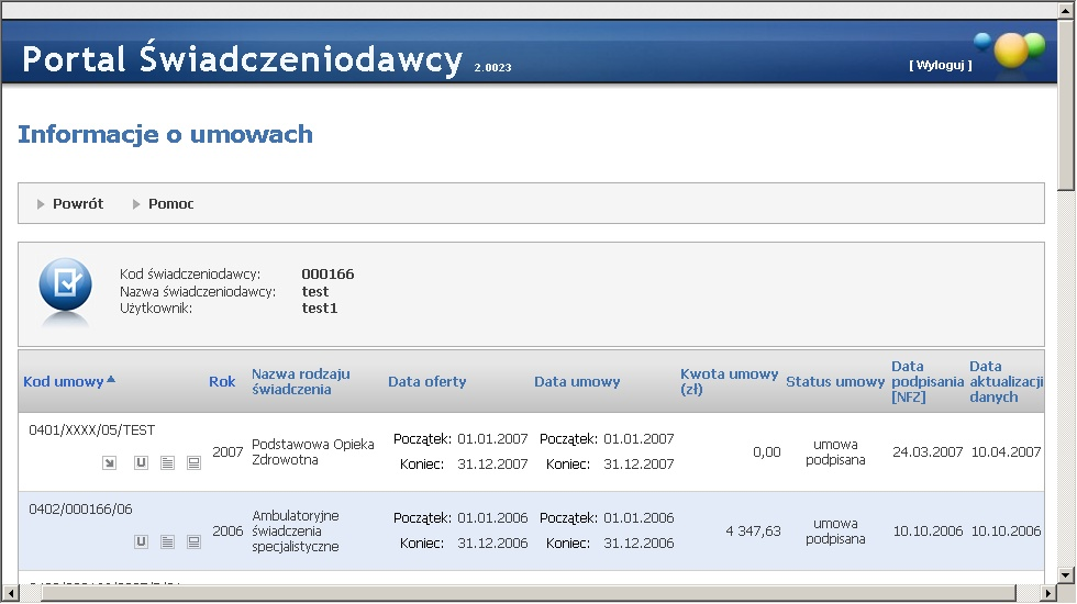 71 Portale Oddziałowe Wybranie tej opcji powoduje przejście do prezentacji listy umów lub ofert, które posiada/złożył Świadczeniodawca.