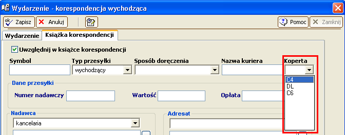 9 2. Książka korespondencji 2.1. Słownik "Koperty" W oknie słowniki dodano słownik koperty używany podczas drukowania korespondencji seryjnej z ksiązki korespondencji.