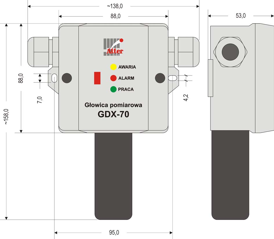 Rys.8. Widok i podstawowe wymiary głowic GDX-70 Zaciski Zaciski przyłączeniowe obu typów głowic umieszczone są w komorze głównej.