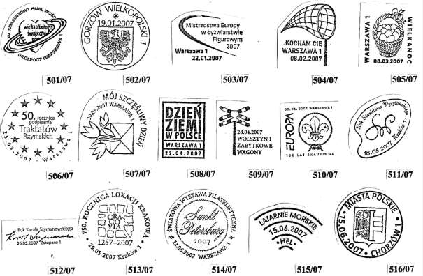 Rok Stanisława Wyspiańskiego SW FDC do Zn. 4163 512/07 26.05.2007 Zakopane 1 Rok Stanisława Szymanowskiego Karol Szymański FDC do Zn. 4164 513/07 29.05.2007 Kraków 1 750.