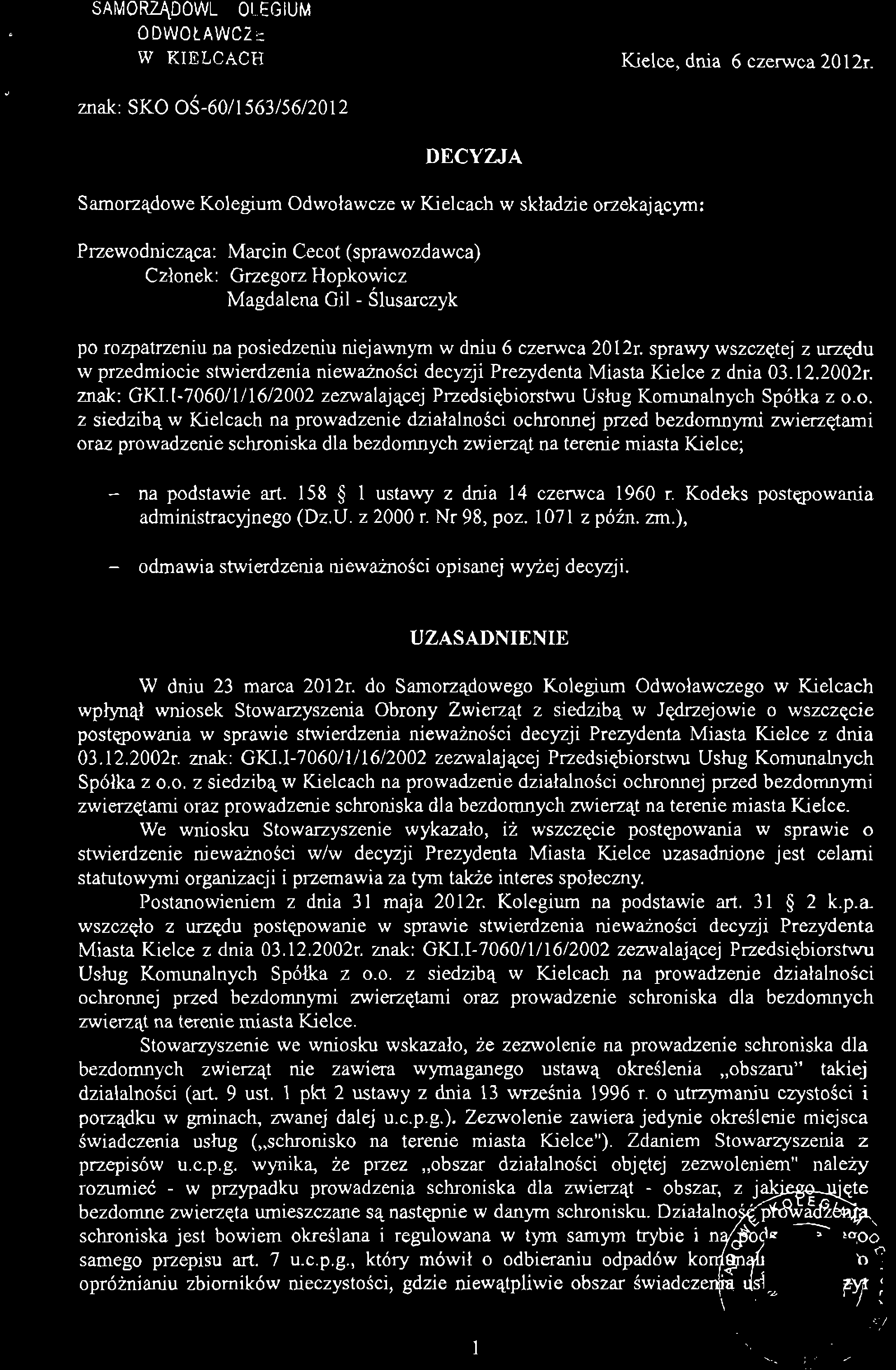 SAMORZĄDOWE KOLEGIUM ODWOŁAWCZE W KIELCACH Kielce, dnia 6 czerwca 201 2r.