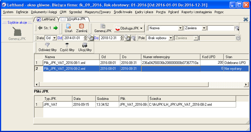 wybrać właściwy zakres czasu ( Generuj od i do ), za który program LeftHand ma wygenerować pliki JPK, wybrać z listy Typ właściwy typ wysyłki pliku JPK ( JPK jeżeli ma to być plik wysyłany