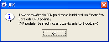 Podczas pierwszej testowej wysyłki przed samym wysłaniem pliku JPK pojawi się komunikat czy kontynuować wysyłanie na testowy serwer Ministerstwa Finansów. Potwierdzamy klikając na przycisk [Tak].