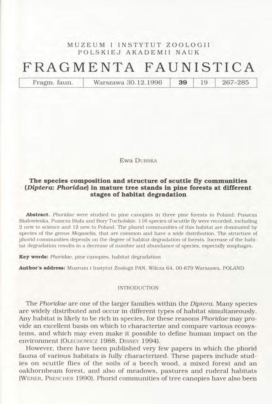 MUZEUM I INSTYTUT ZOOLOGII POLSKIEJ AKADEMII NAUK FRAGMENTA FAUNISTICA Fragm. faun. W arszaw a 3 0.12.