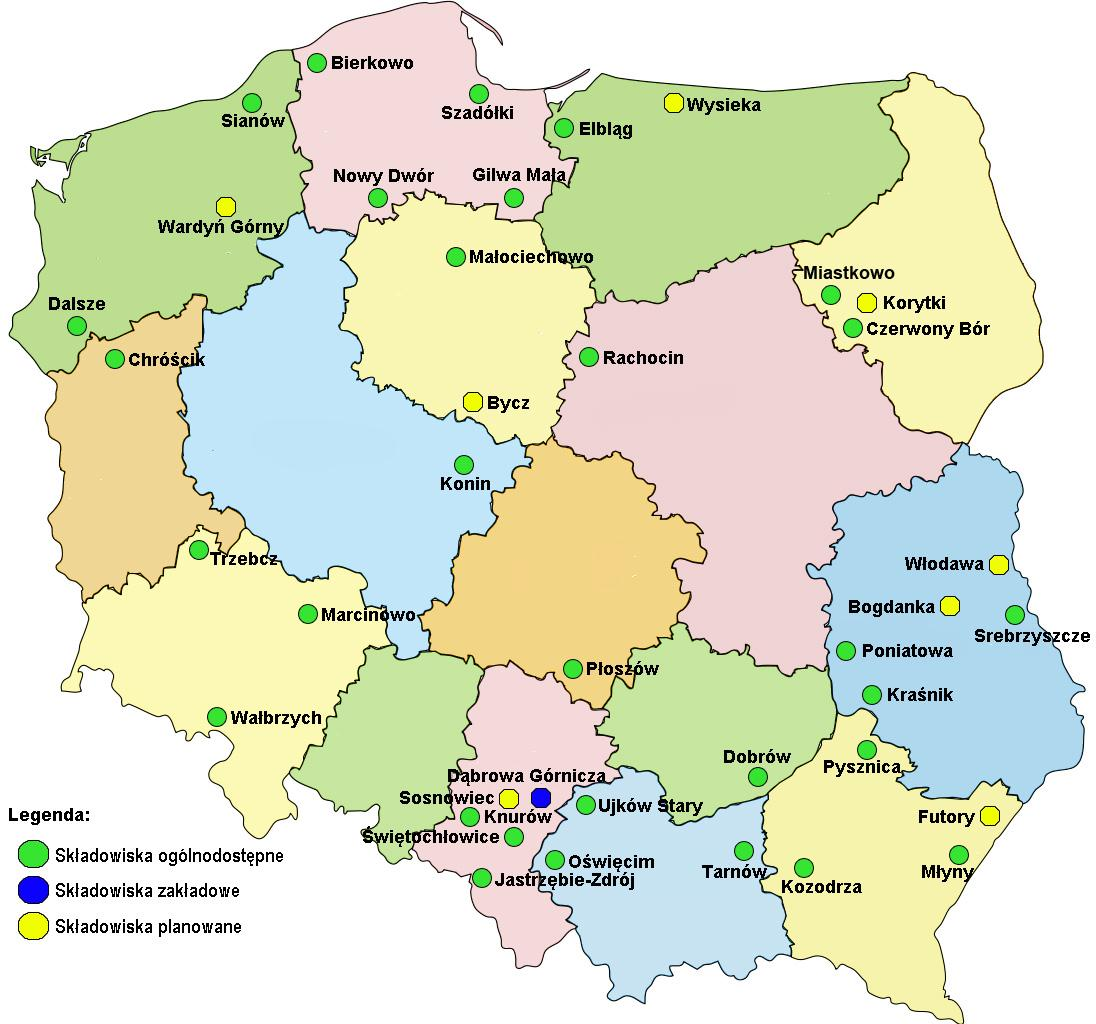 Rysunek 3 Istniejące i planowane składowiska odpadów zawierających azbest na terenie Polski Na terenie województwa mazowieckiego aktualnie funkcjonuje jedna kwatera (kwatera nr V) o powierzchni 1,9