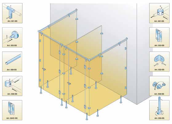 SYSTEMY DO KABIN SANITARNYCH z HPL PARAMETRY OPIS I ZASTOSOWANIE System montażowy składa się z elementów łącznych wykonanych z najwyższej jakości stali nierdzewnej SS 304.