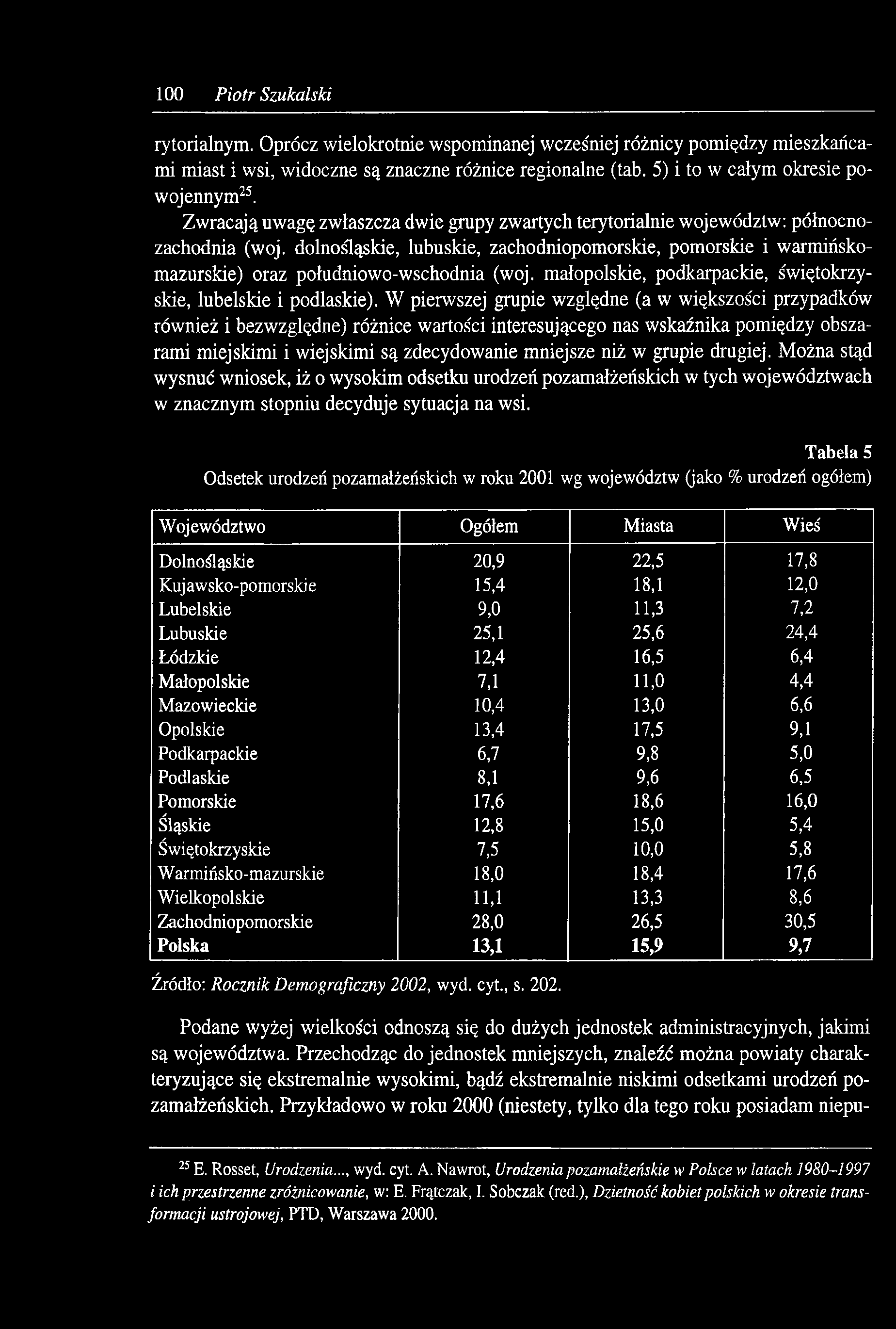 100 Piotr Szukalski rytorialnym. Oprócz wielokrotnie wspominanej wcześniej różnicy pomiędzy mieszkańcami miast i wsi, widoczne są znaczne różnice regionalne (tab. 5) i to w całym okresie powojennym25.