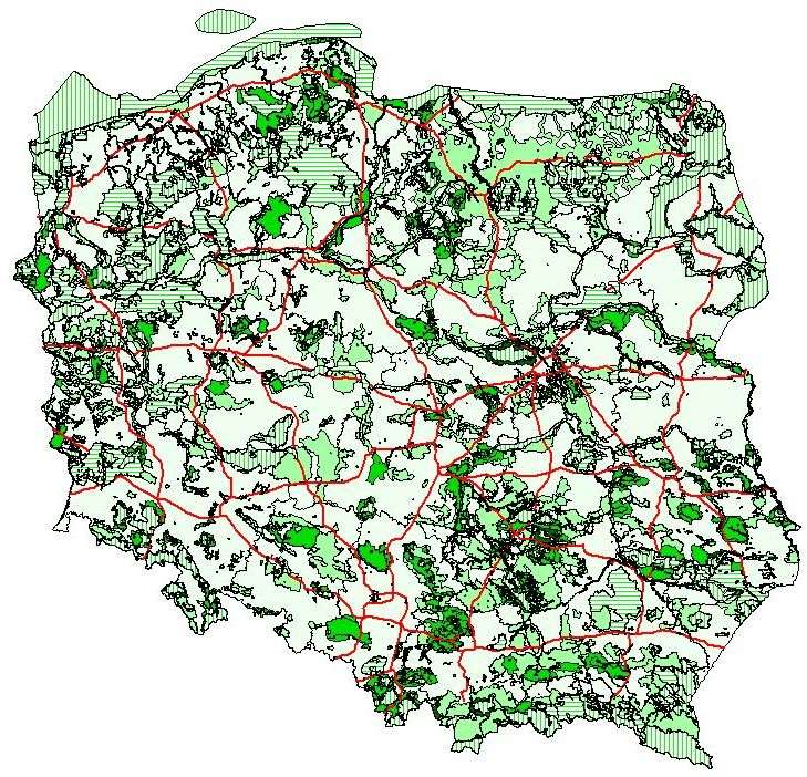 Sieć dróg na tle obszarowych form ochrony przyrody Najpoważniejszym zagrożeniem przy realizacji inwestycji liniowej jest