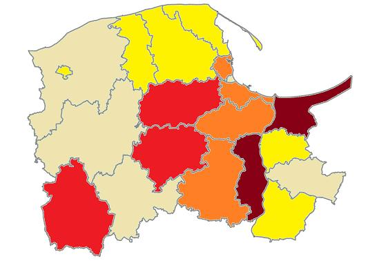 na salmonelozy zatrucia pokarmowe w poszczególnych powiatach woj. pomorskiego do 10 od 10,1 do 20 od 20,1 do 30 od 30,1 do 40 pow.