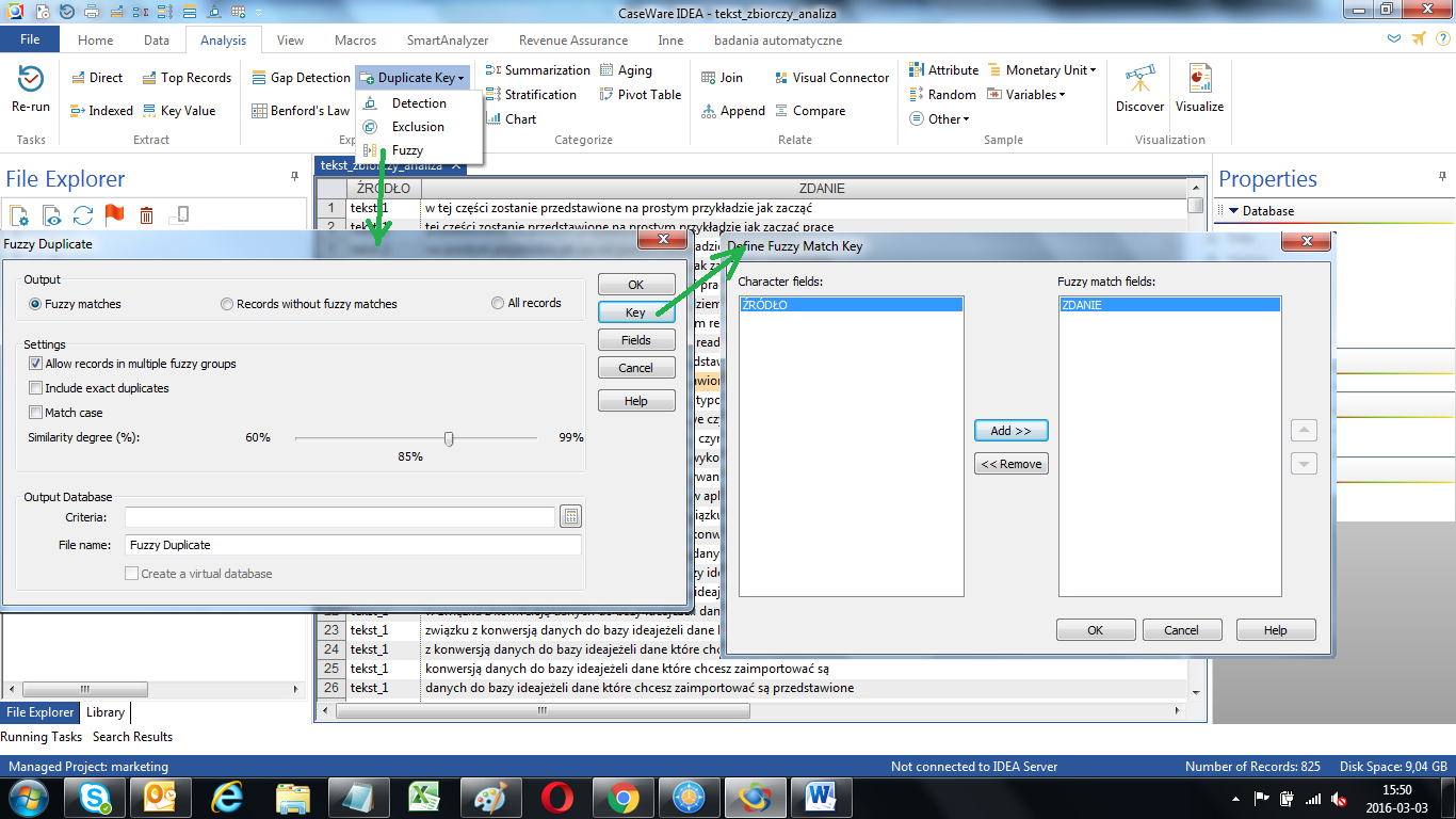 Na tym etapie musimy wskazać pole kluczowe, dla którego przeprowadzimy porównanie (kolumna Zdanie ), oraz określamy w jakim stopniu fragmenty tekstów mają być do siebie podobne.