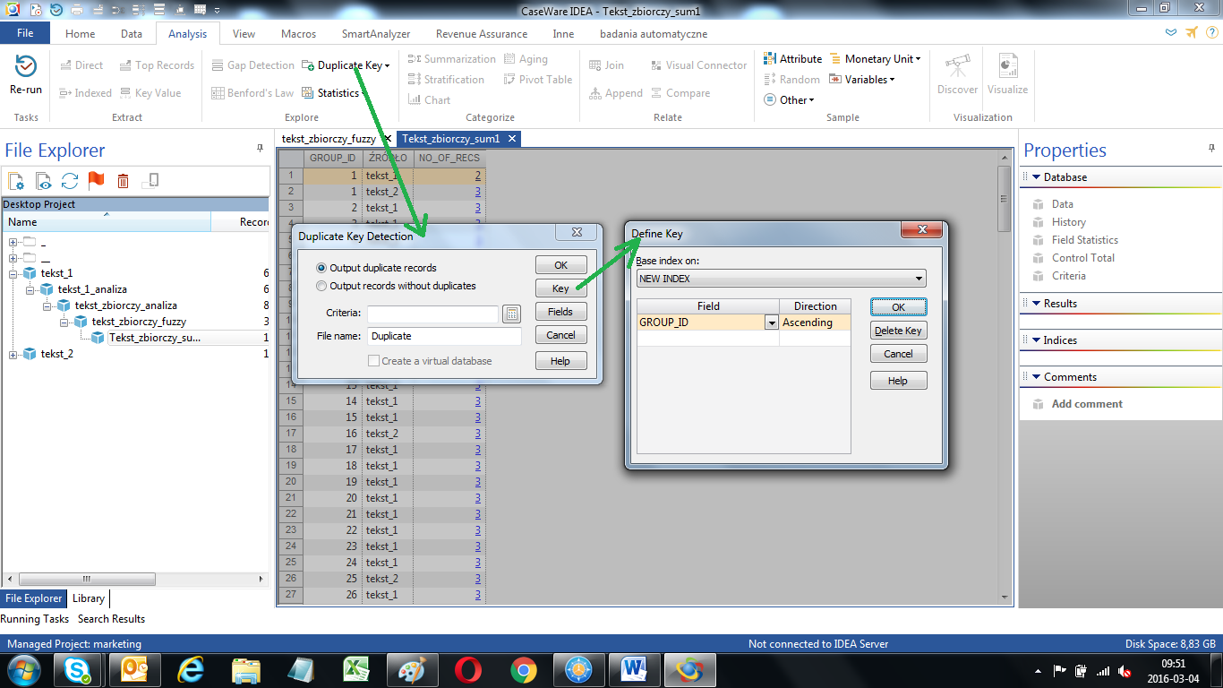 Summarization zgodnie z poniższym schematem: Następnie na tak pozyskanych danych uruchamiamy kolejny moduł o nazwie Dupliacte Key.