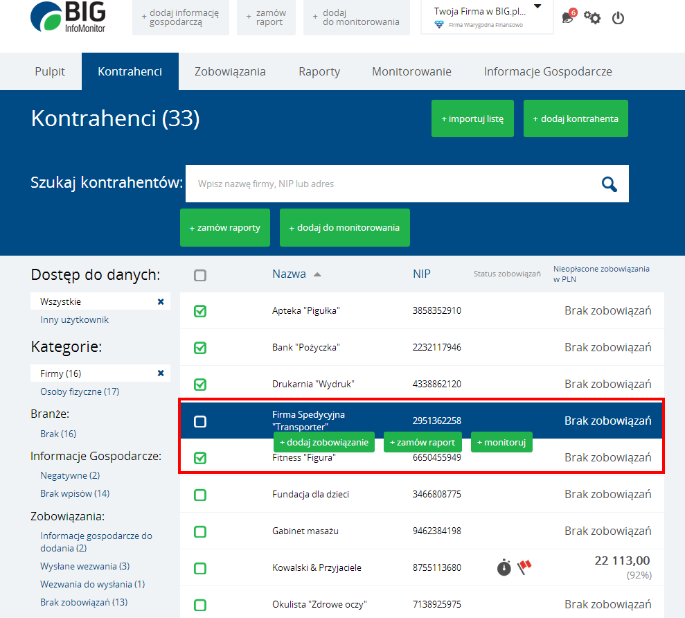 Instrukcja Użytkownika System BIG.pl Strona 51 z 170 Po wybraniu jednej z opcji System automatycznie przenosi Użytkownika do właściwego ekranu.
