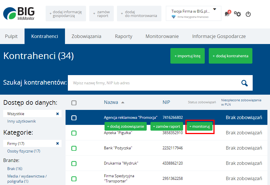 Instrukcja Użytkownika System BIG.pl Strona 83 z 170 i w zależności od potrzeb wybrać opcję Edycji lub Usunięcia, znajdującą się przy wybranym Reprezentancie: 10.