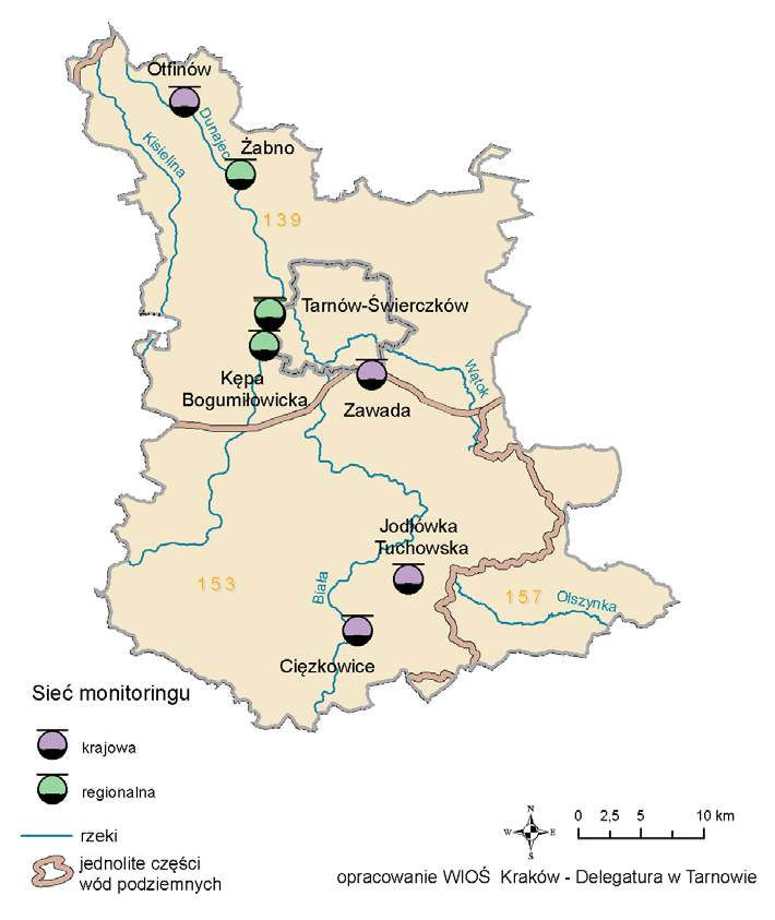 Mapa. Sieć monitoringu wód podziemnych na terenie powiatu tarnowskiego w 2012 roku Tab.