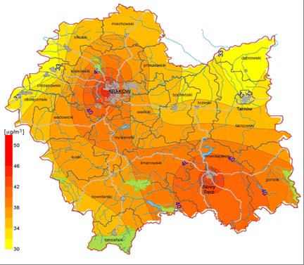 Mapy. Rozkład stężeń średniorocznych wybranych zanieczyszczeń powietrza w województwie małopolskim w 2012 roku (źródło: PMŚ/WIOŚ Kraków 5 ) Pył PM2,5