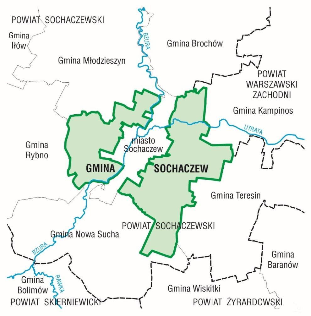 Rys. 1 Mapa Gminy Sochaczew Źródło: Agencja Regraf W skład administracyjny gminy wchodzi 35 sołectw: Altanka Kazimierów Andrzejów Duranowski Kożuszki - Parcel Bielice Lubiejew Bronisławy Mokas