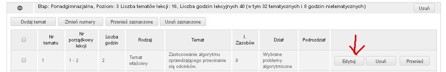 Tak wygląda w spisie temat na dwie godziny Tak wygląda ten sam temat w trybie edycji (zwrócić uwagę na pola oznaczone