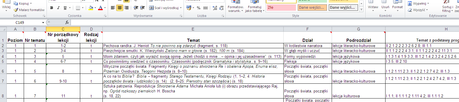 Plik wygląda następująco: Poziom: oznacza klasę, 1, 2, 3 Nr tematu: to numer porządkowy tematów (może być tak, że liczba tematów jest mniejsza niż liczba lekcji, bo niektóre tematy będą realizowane