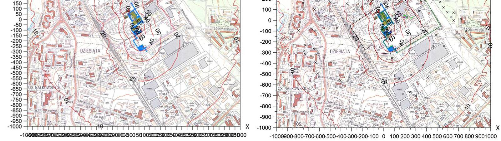 Rysunek 2: Porównanie graficzne wyników obliczeń stężeń maksymalnych pyłu PM-10