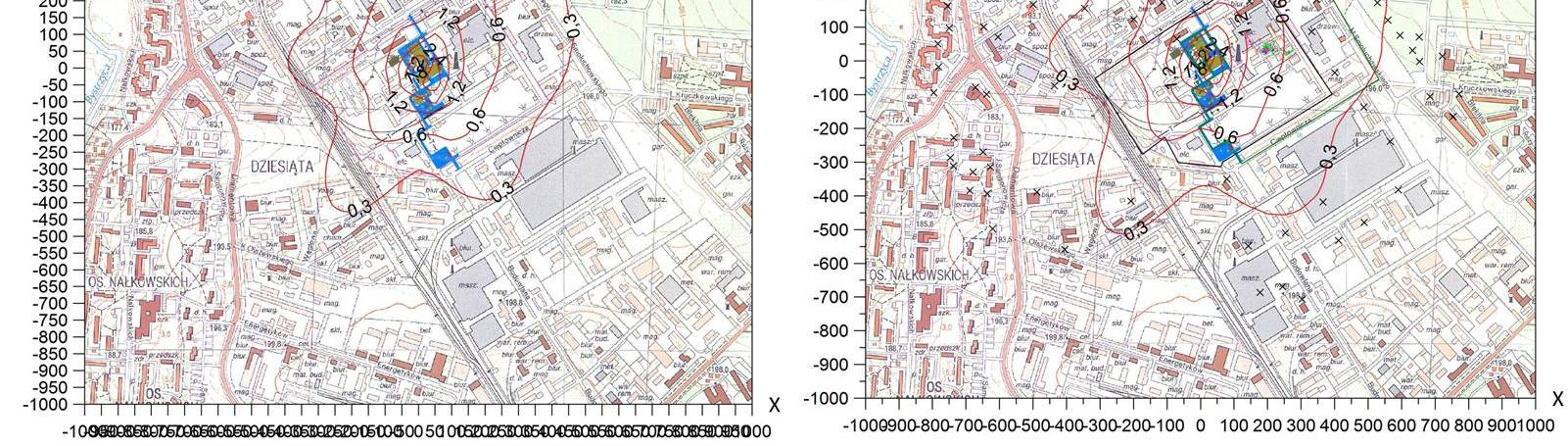 Rysunek 3: Porównanie graficzne wyników obliczeń stężeń średnich pyłu PM-10