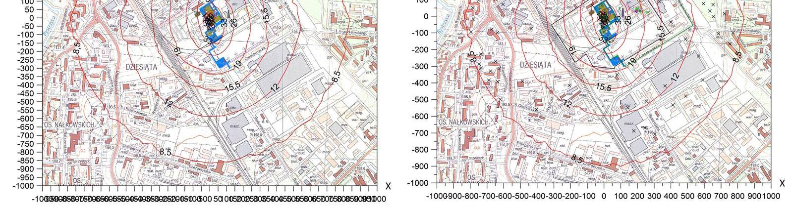 Rysunek 4: Porównanie graficzne wyników obliczeń stężeń maksymalnych pyłu PM-2,5