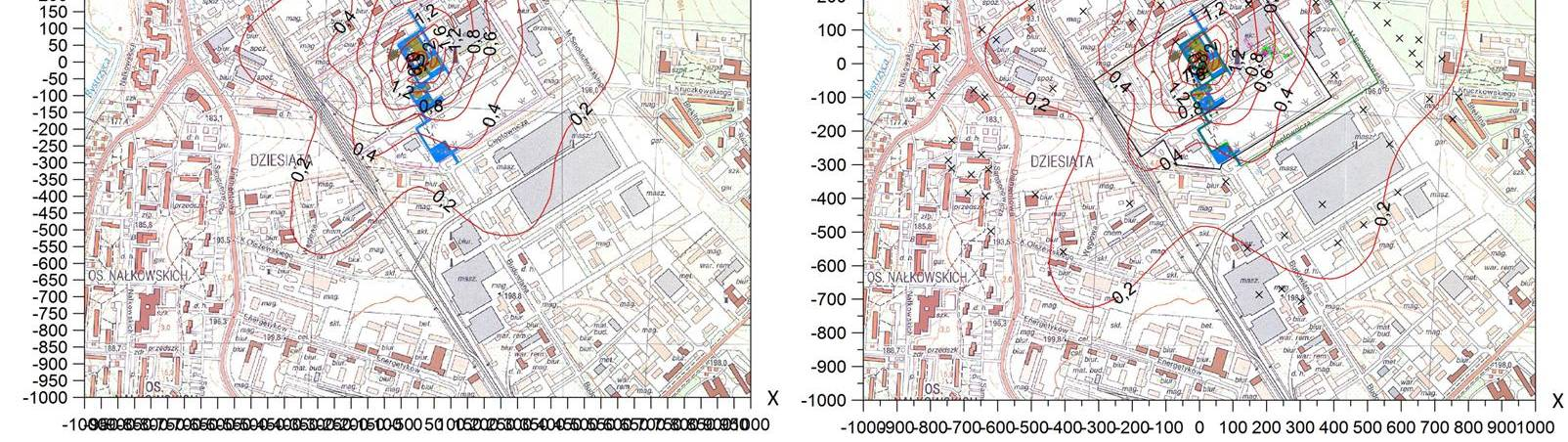 Rysunek 5: Porównanie graficzne wyników obliczeń stężeń średnich pyłu PM-2,5