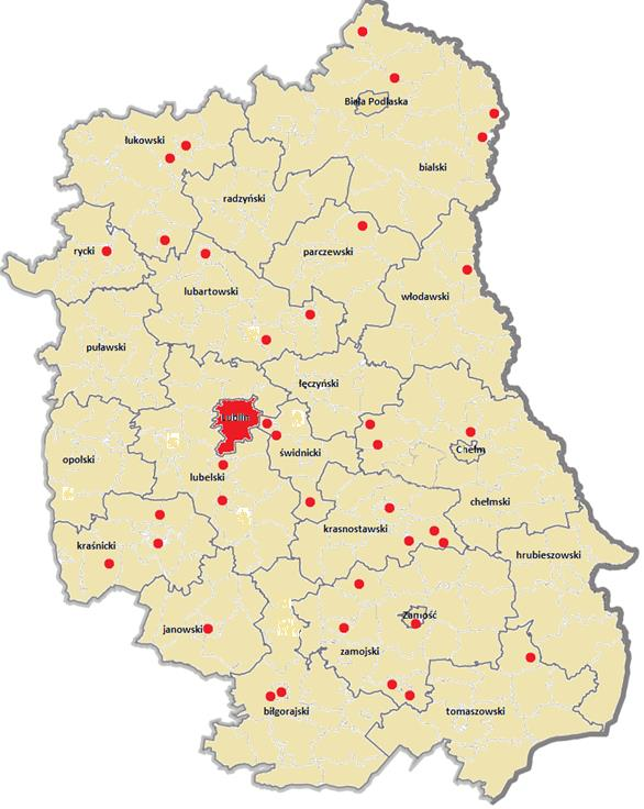 Liczba domów pomocy społecznej na terenie województwa lubelskiego utrzymuje się na tym samym poziomie od 2011 roku. Ich rozmieszczenie na terenie województwa lubelskiego przedstawia mapa: Mapa nr 2.