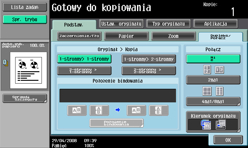 3 Najważniejsze informacje dotyczące kopiowania Kopiowanie łączone Wybrać funkcje "2 na 1", "4 na 1" lub "8 na 1", w zależności od ilości stron, które
