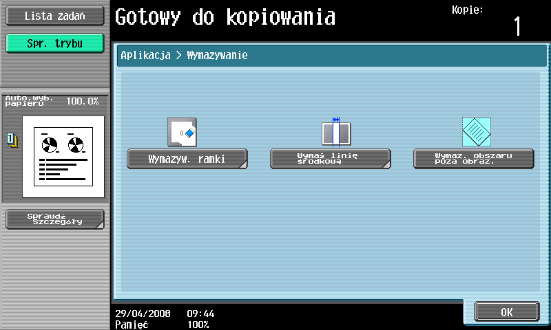 3 Najważniejsze informacje dotyczące kopiowania Wymazywanie ramki: Istnieje możliwość usunięcia obszaru o tej samej szerokości na wszystkich czterech bokach oryginału lub można ustawić szerokość