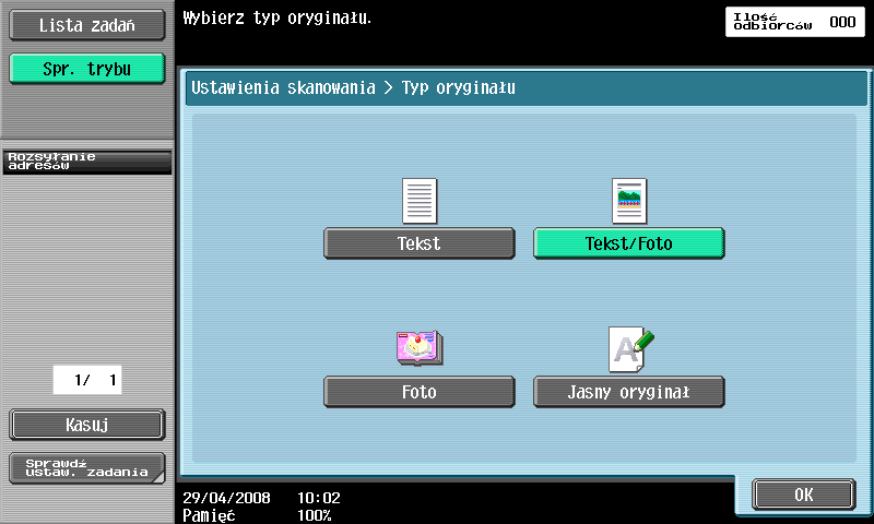 6 Przydatne funkcje skanowania sieciowego 1 2 3 4 Nr Parametr Opis 1 Tekst To ustawienie należy wybrać w przypadku oryginałów zawierających jedynie tekst.